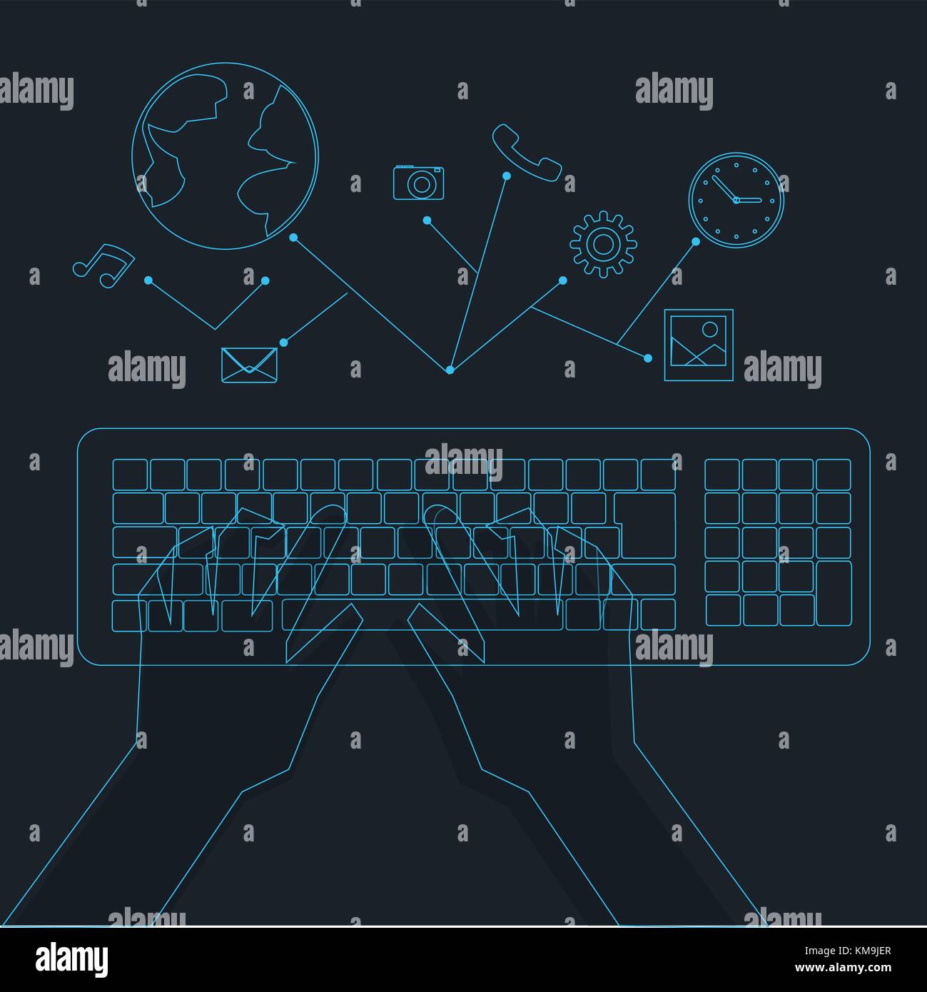 Les mains d'hologramme de la saisie sur clavier d'hologramme avec des icônes vectorielles connect.future technologie concept Illustration de Vecteur