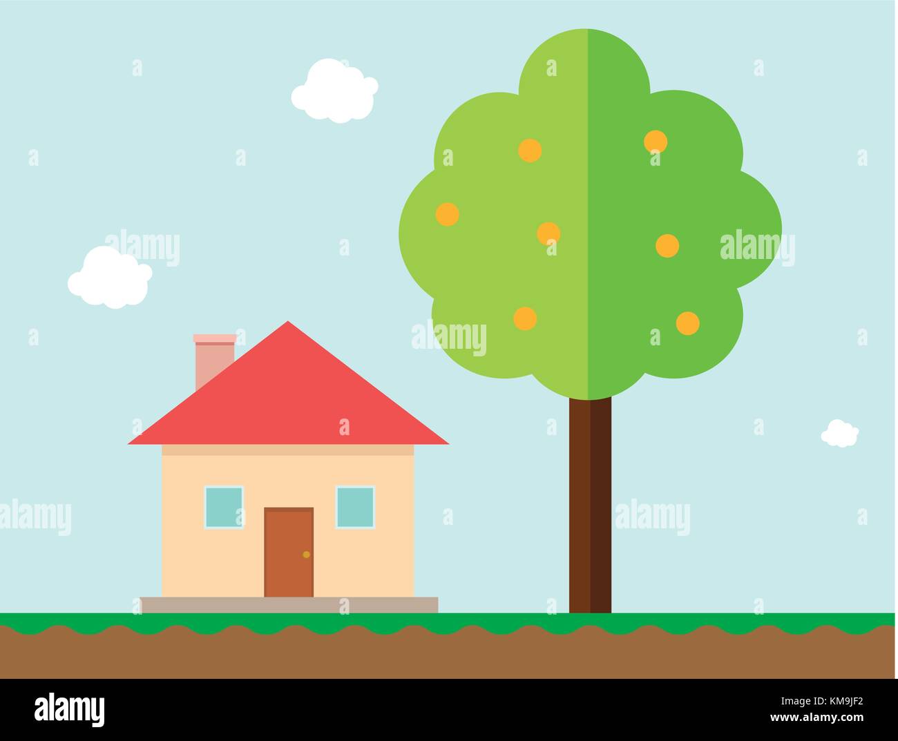 Maison et arbre orange en style de jeu vector illustration.Maison de campagne avec arbre et le fond de ciel.télévision accueil vector Illustration de Vecteur