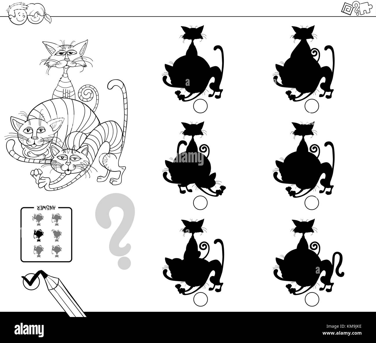 Cartoon noir et blanc illustration de la recherche de l'ombre sans différences activité éducative pour les Enfants avec animaux chats coloriage personnages Illustration de Vecteur