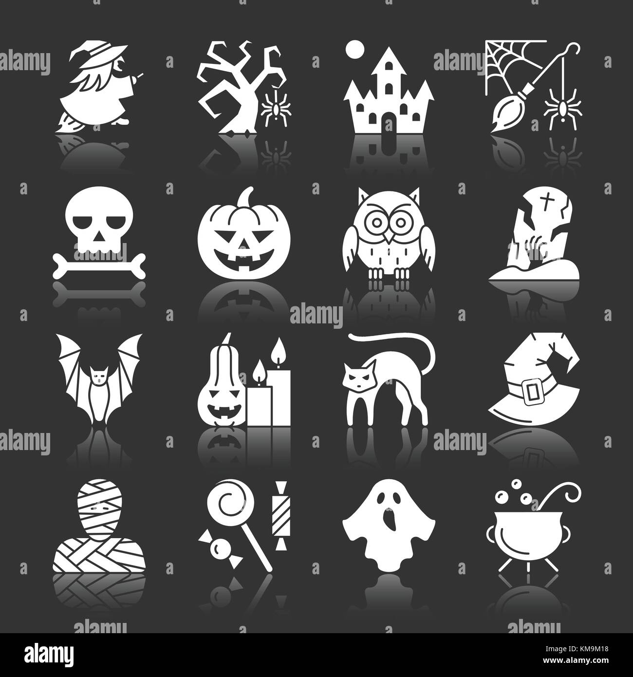 Silhouette blanche Halloween avec réflexion icon set. Télévision monochrome vector illustration design collection de symboles. Pictogramme graphique simple pack. Web, Illustration de Vecteur Silhouette blanche Halloween avec réflexion icon set. Télévision monochrome vector illustration design collection de symboles. Pictogramme graphique simple pack. Web, Illustration de Vecteur