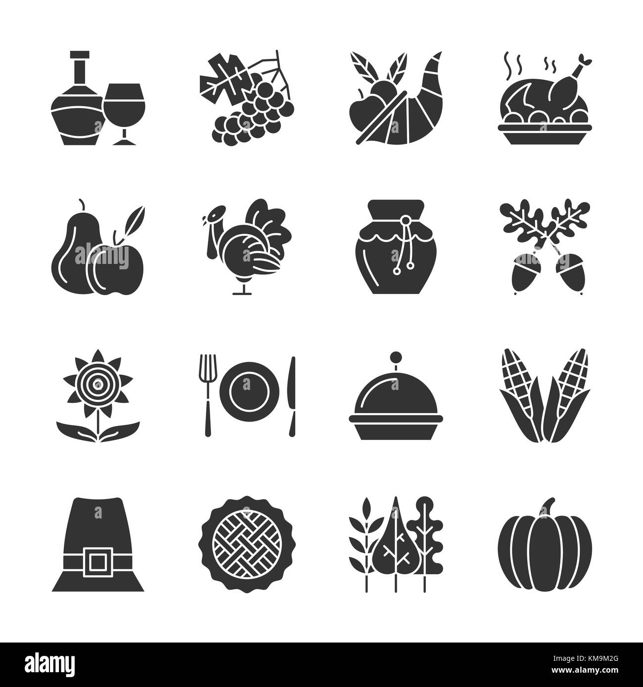Thanksgiving Day journée silhouette noire icon set. Télévision monochrome symbole design collection. Citrouille, cornucopia, Turquie, légumes, maison de symbole. Harvest Illustration de Vecteur