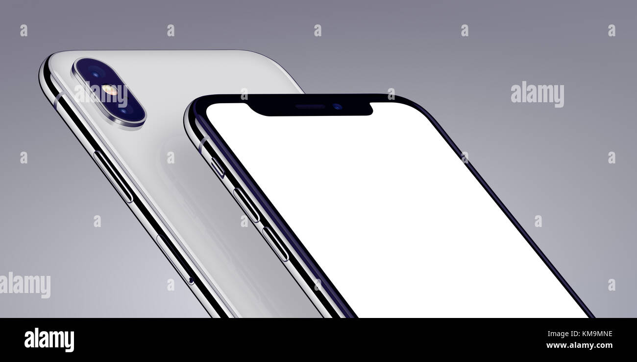 Similaire à l'iPhone Smartphones isométrique maquette X close-up. Nouvelle vue isométrique blanc moderne tourné les deux côtés des smartphones sur fond gris. Banque D'Images