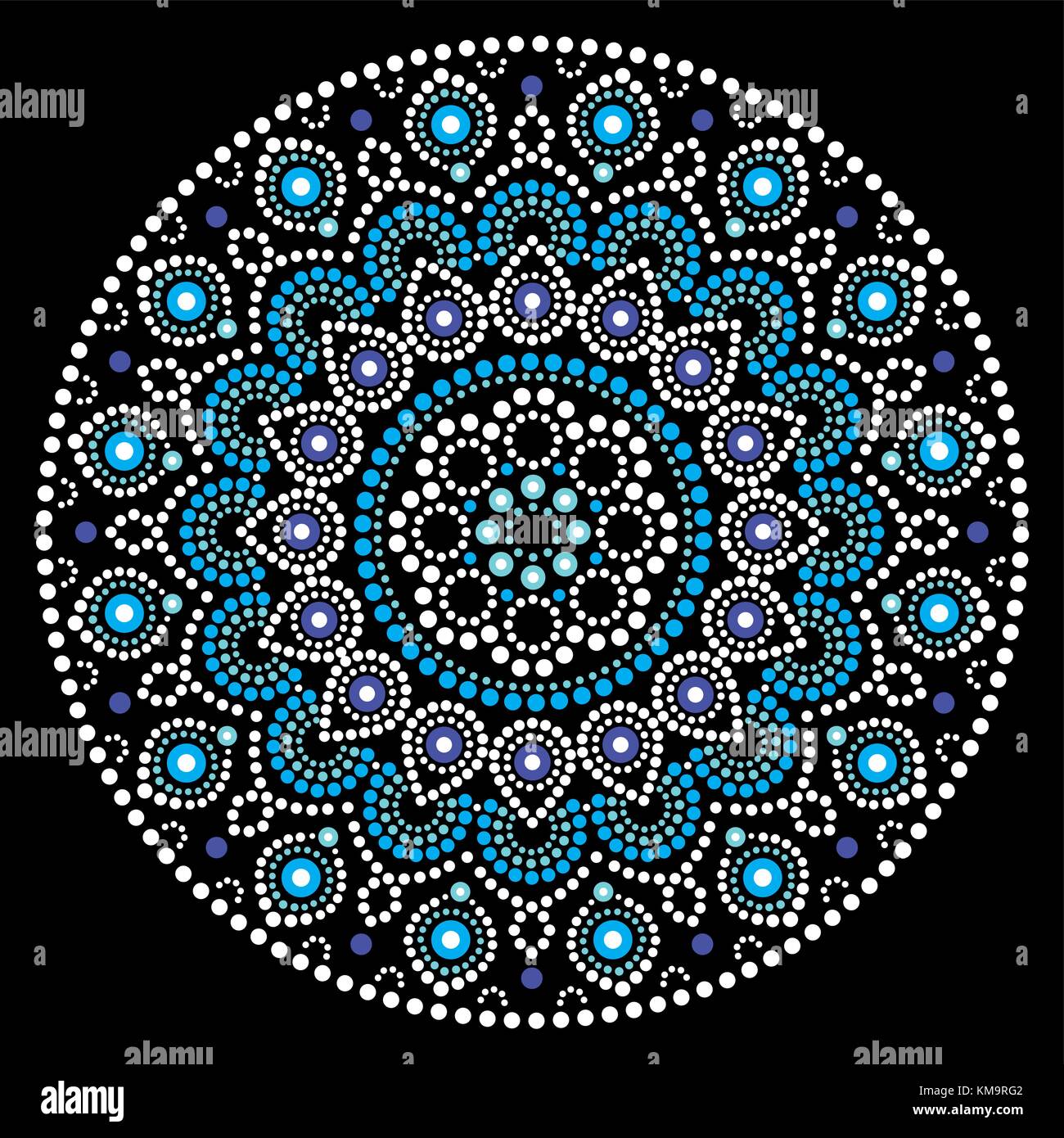 Mandala art vectoriel, Australian dot painting design blanc et bleu, style bohème folk art autochtone Illustration de Vecteur