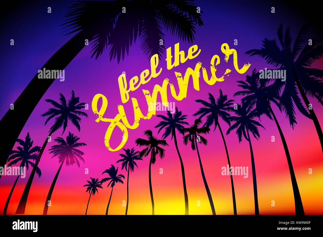 Arrière-plan de palmiers tropicaux d'été, le ciel et le coucher du soleil. été placard poster flyer invitation card. sentir l'été. Illustration de Vecteur