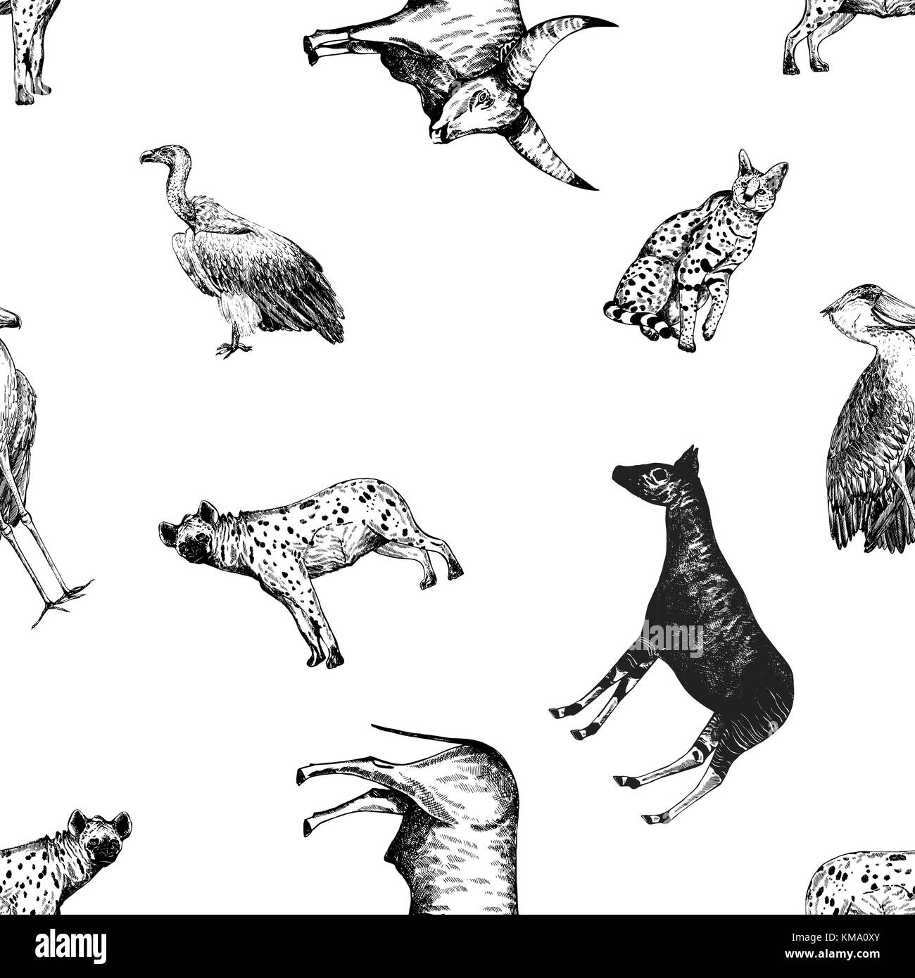 Motif de la main transparente style croquis animaux d'Afrique. vector illustration isolé sur fond blanc. Illustration de Vecteur