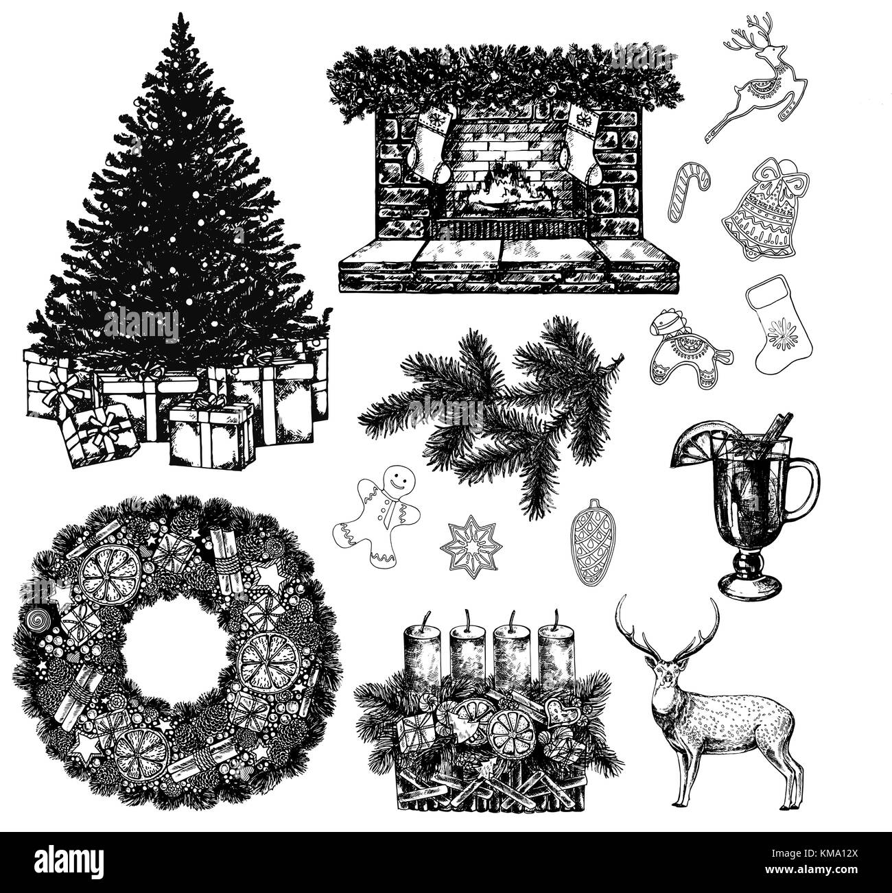 Ensemble de main style croquis sur le thème de noël et nouvel an objets et éléments. vector illustration isolé sur fond blanc. Illustration de Vecteur