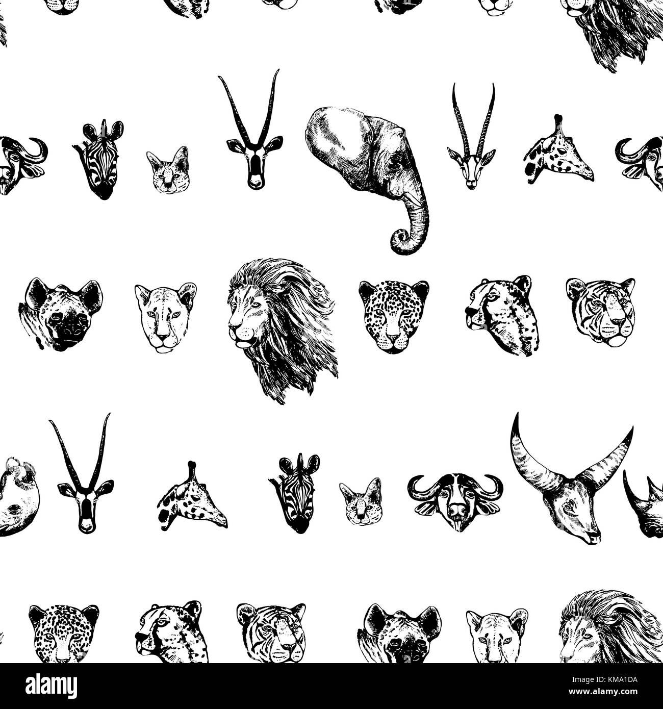 Motif de la main transparente style croquis d'animaux d'Afrique et d'Asie. vector illustration isolé sur fond blanc. Illustration de Vecteur