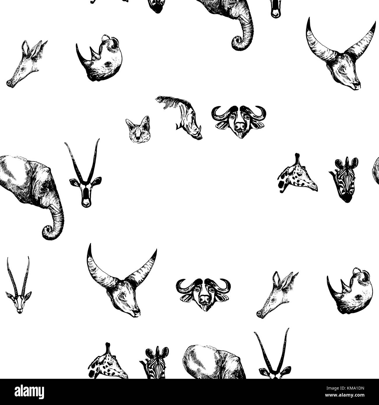 Motif de la main transparente style croquis animaux d'Afrique. vector illustration isolé sur fond blanc. Illustration de Vecteur