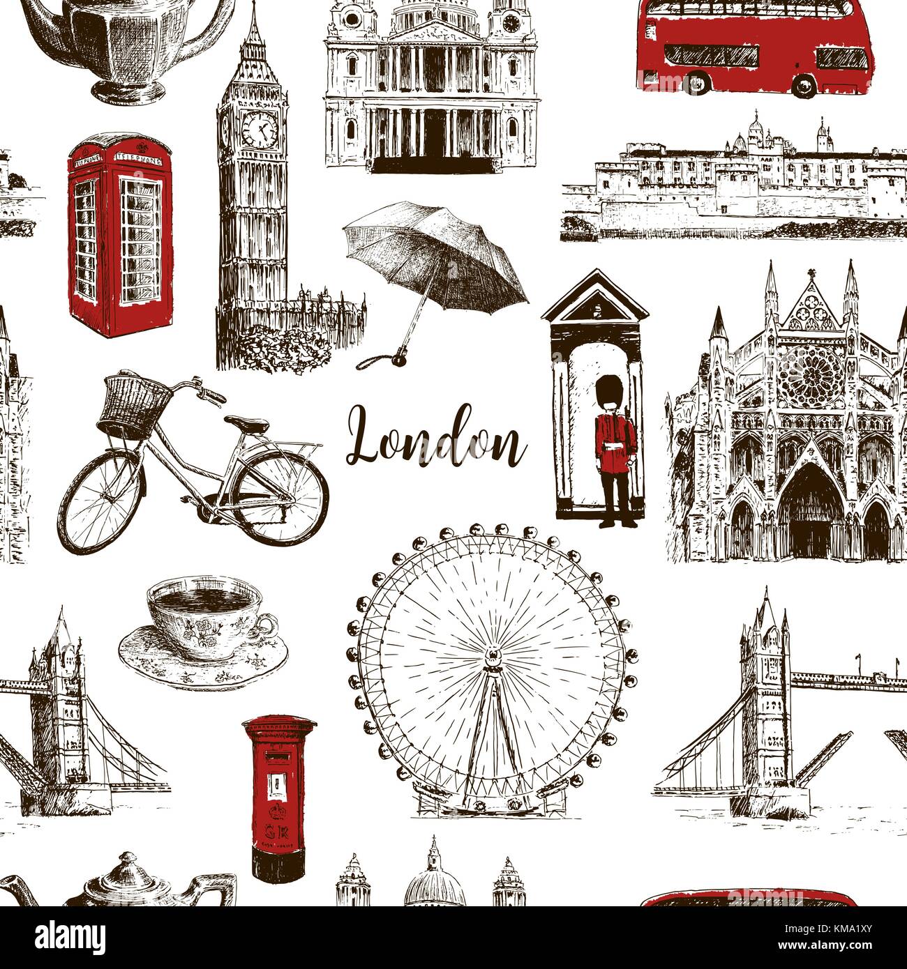 Symboles d'architecture de Londres hand drawn vector seamless pattern croquis. Big Ben, Tower Bridge, bus rouge, boite mail, call box, guardsman Illustration de Vecteur