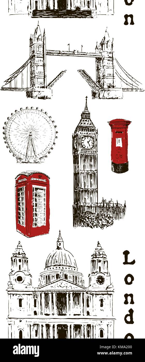 Symboles d'architecture de Londres : Big Ben, Tower Bridge, boite mail, call box. La Cathédrale Saint Paul. Motif transparent Bande verticale Illustration de Vecteur