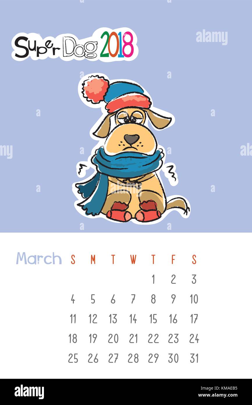 Calendrier 2018 avec cute funny dog Illustration de Vecteur