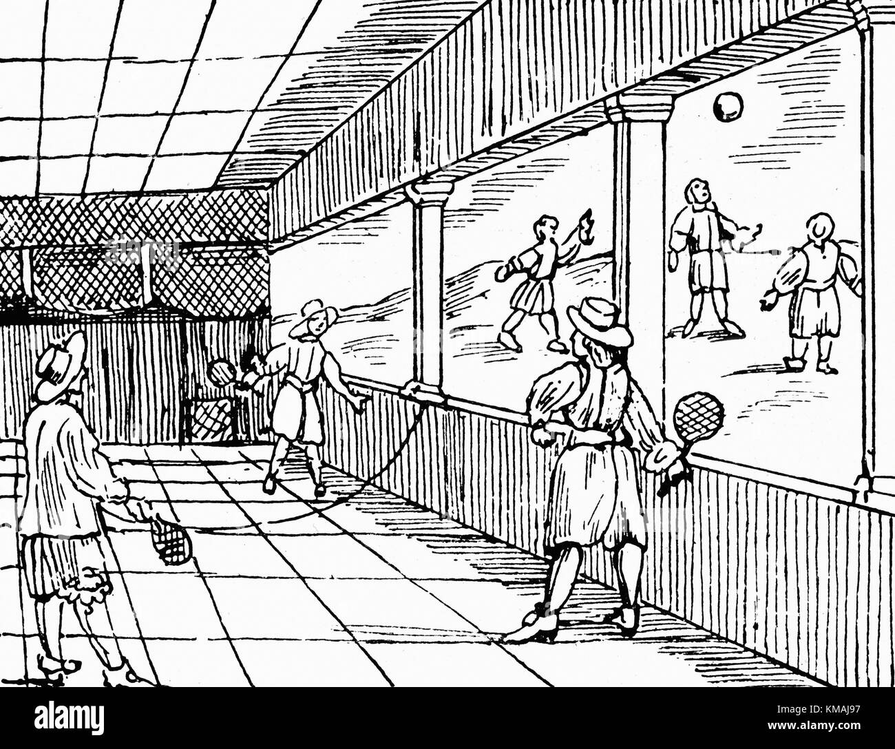 Les jeunes hommes jouer une forme de tennis - Gravure 16e siècle Banque D'Images