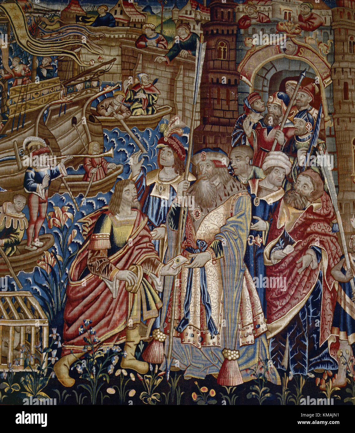 Fragment de tapisserie - Vasco da Gama arrivant à Calicut (1498) 16e siècle Banque D'Images