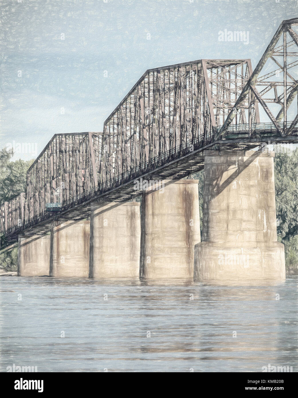 L'ancienne chaîne de roches pont sur le fleuve du Mississippi près de St louis, une photo numérique avec pinting filtre appliqué Banque D'Images