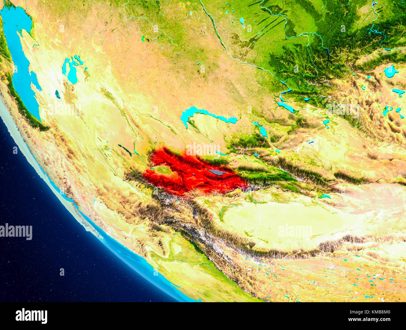 Le Kirghizistan a souligné en rouge sur la planète Terre. 3D illustration. Éléments de cette image fournie par la NASA. Banque D'Images