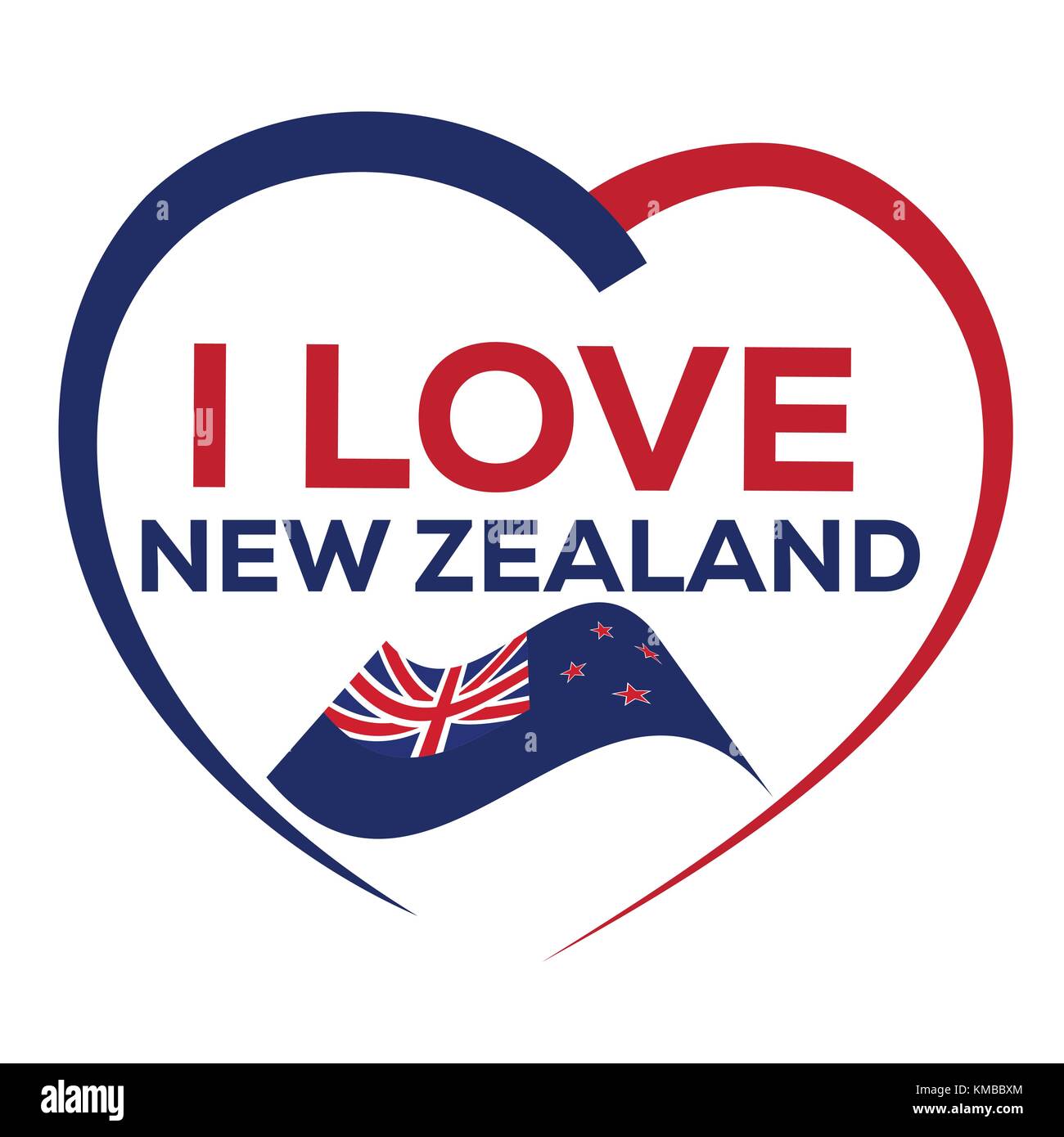 J'aime new zealand avec contours de cœur et d'un drapeau de la Nouvelle-Zélande, de l'icône concevoir, isolé sur fond blanc. Illustration de Vecteur