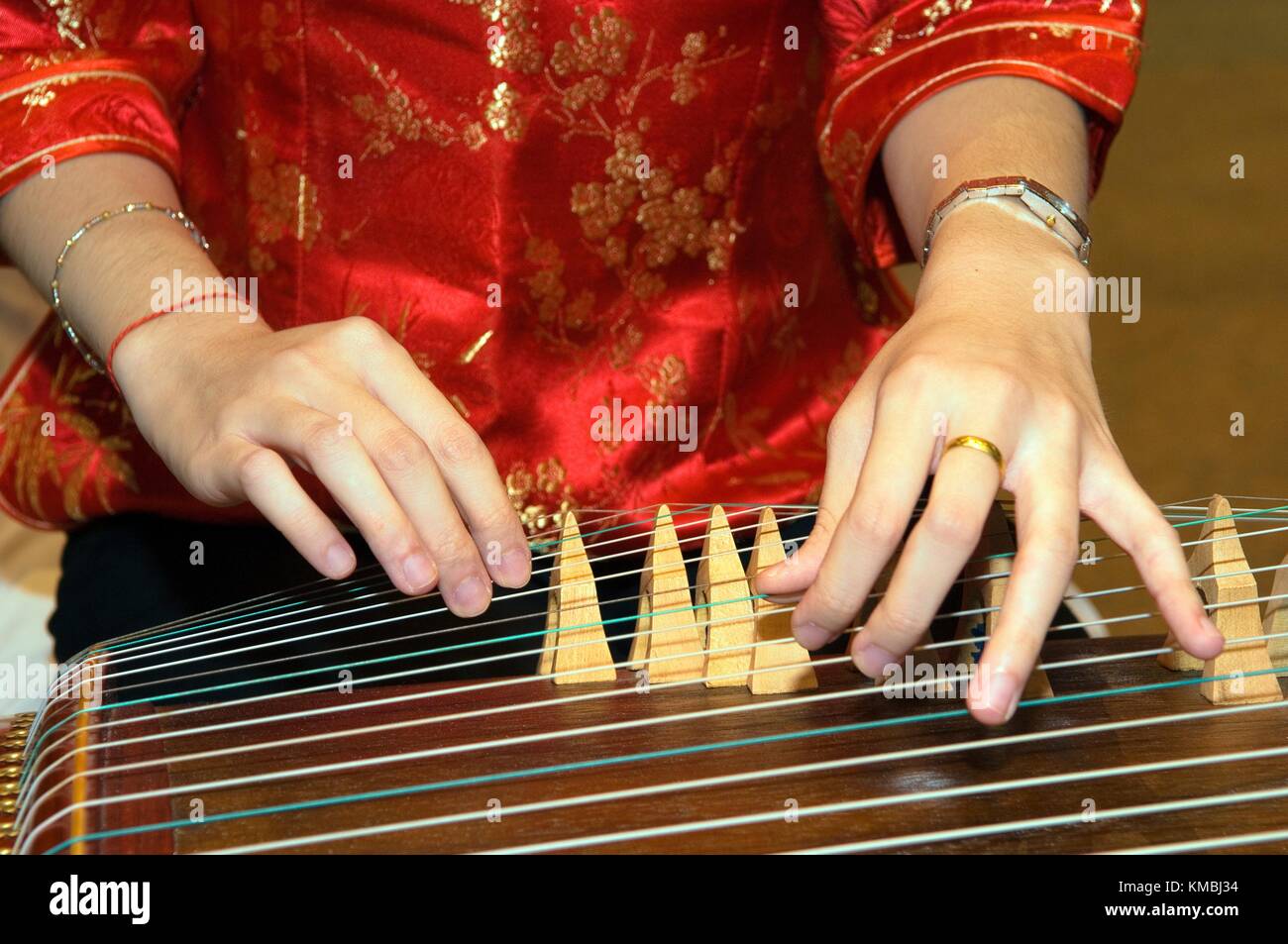 Chinois classique antique cithare musical instrument type le zheng, communément appelé le guzheng, joué par jeune femme Banque D'Images