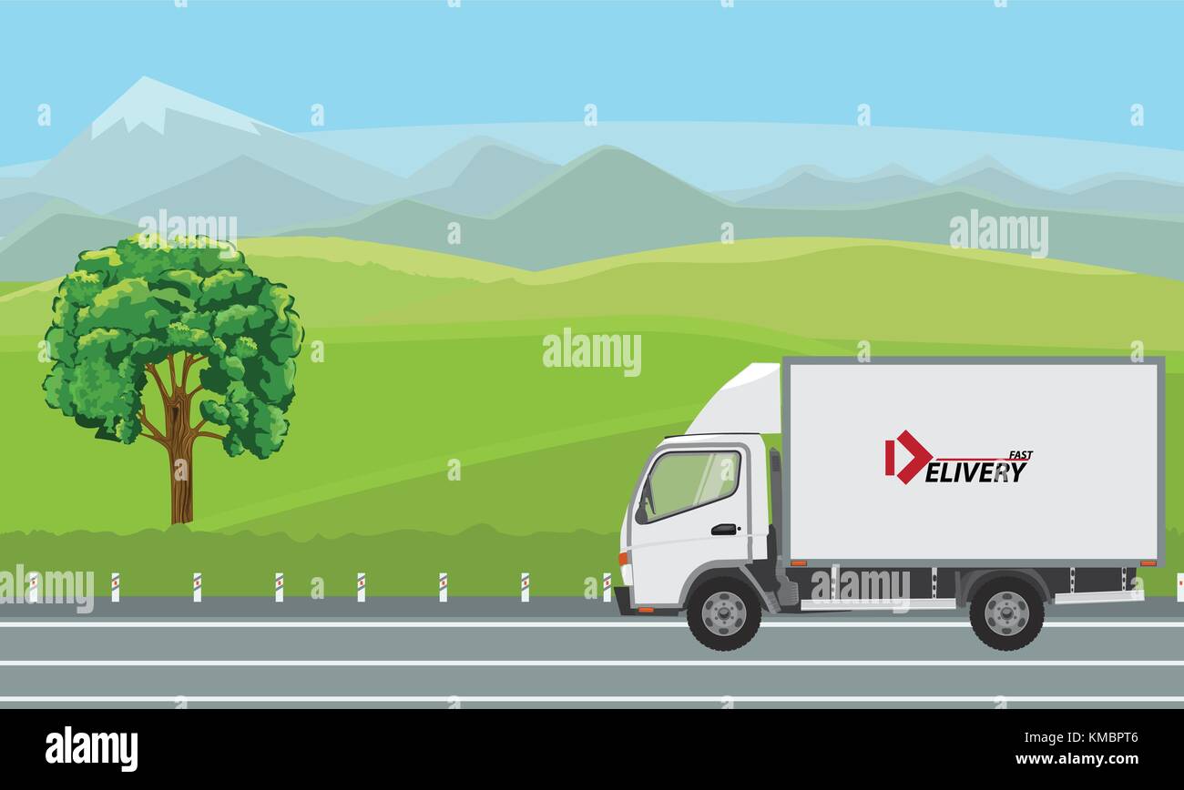Camion de livraison en passant par de beaux paysages sur la route. Illustration de Vecteur