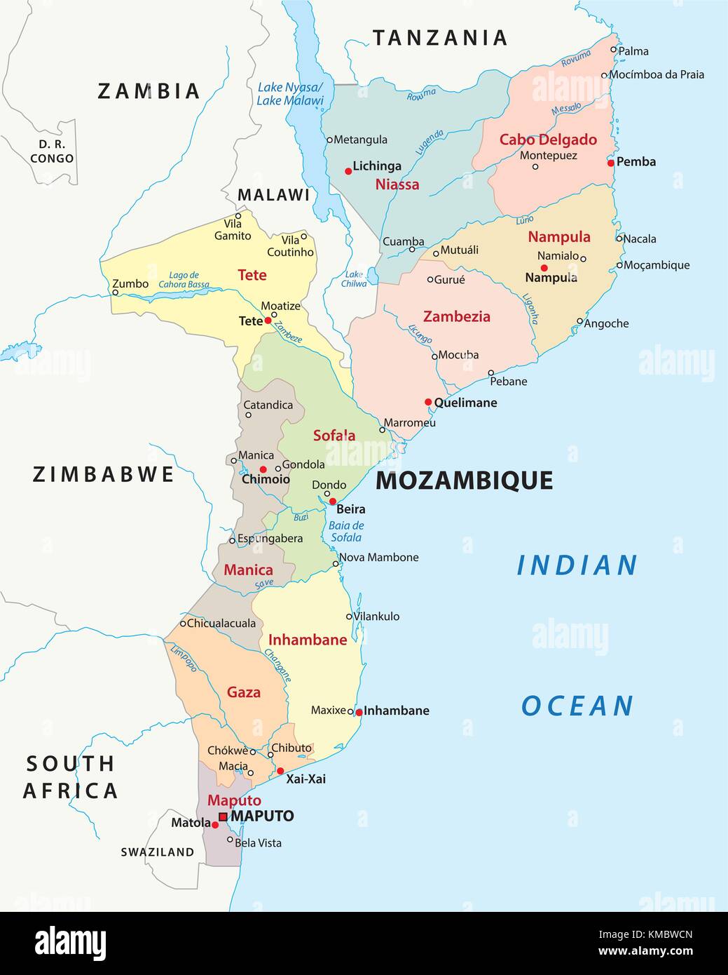 Mozambique carte vectorielle administrative et politique Illustration de Vecteur