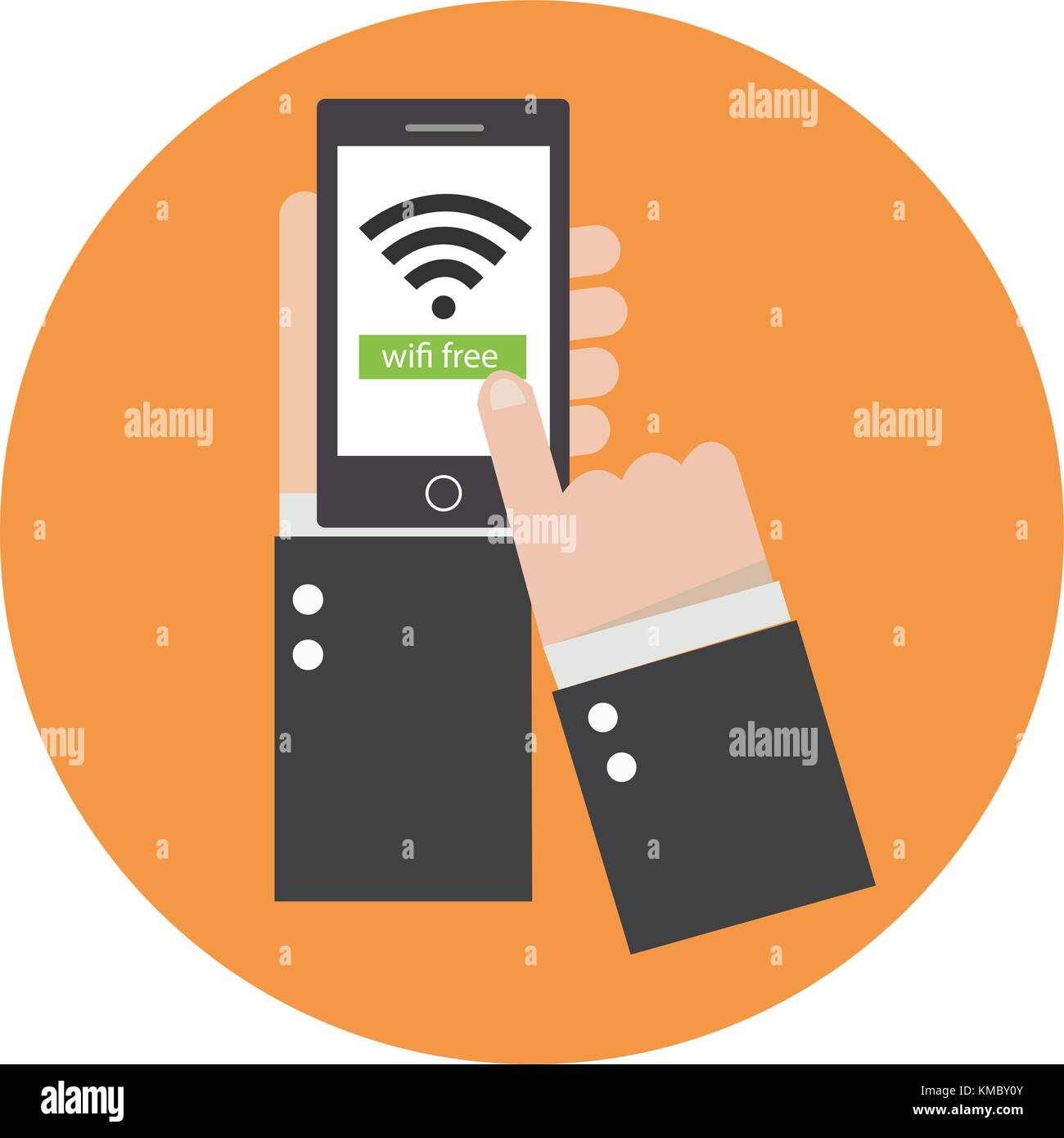 Les mains tenant téléphone avec wifi de l'écran et d'un cercle orange vector.connexion Wi-Fi gratuite connexion concept. Illustration de Vecteur