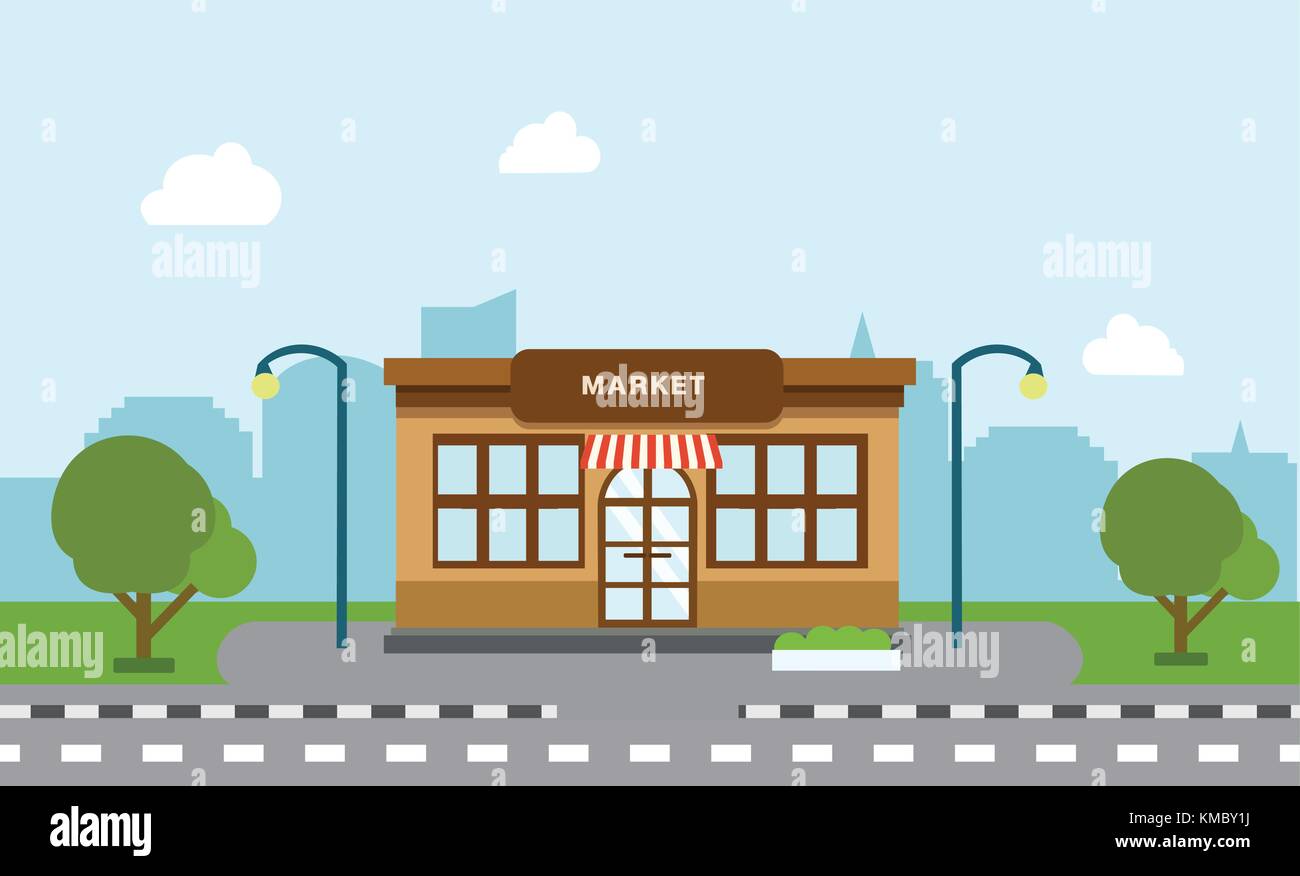 Magasin Boutique immeuble sur rue avec arrière-plan de construction d'arbres et silhouette.scène de marché et ville avec sky background vector illustration Illustration de Vecteur