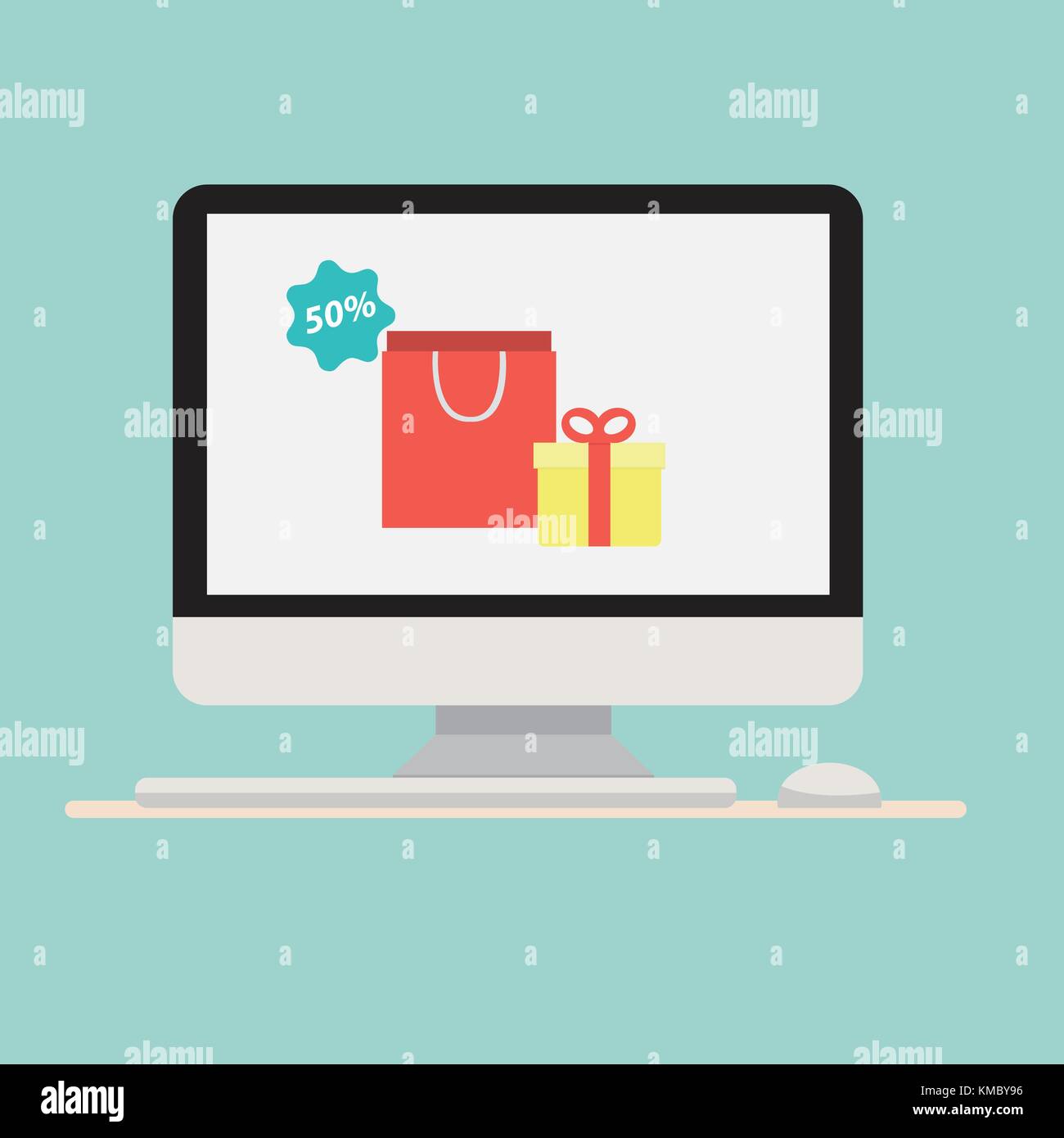 Ordinateur avec sac shopping cadeaux icône sur screen.Computer avec clavier et souris.Les achats en ligne concept.Vector illustration Illustration de Vecteur