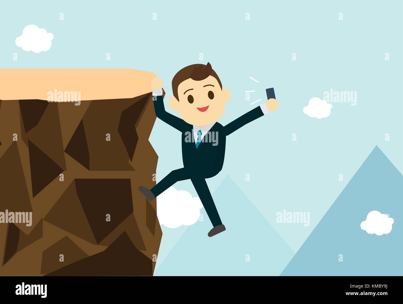Jeune homme d'affaires grimper la colline pour prendre le risque d'affaires selfies.mais c'est tellement relax concept.Vector illustration Illustration de Vecteur