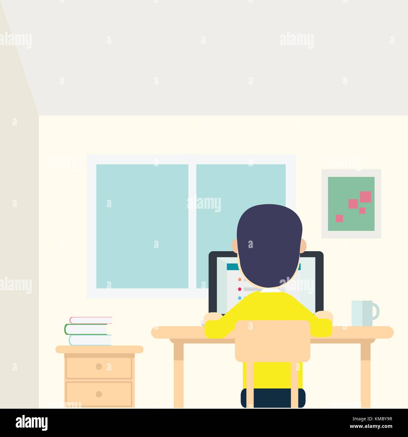 Jeune homme dans sa chambre de travail avec ordinateur portable et tasse sur la table. vector illustration Illustration de Vecteur