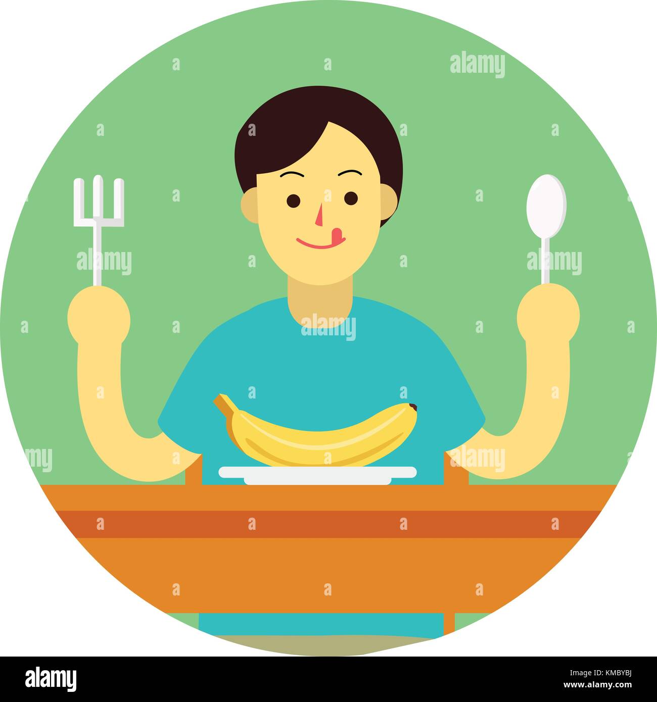 Jeune homme se préparent à manger banane avec cuillère et fourchette sur table.télévision design cartoon en cercle vert vector illustration Illustration de Vecteur