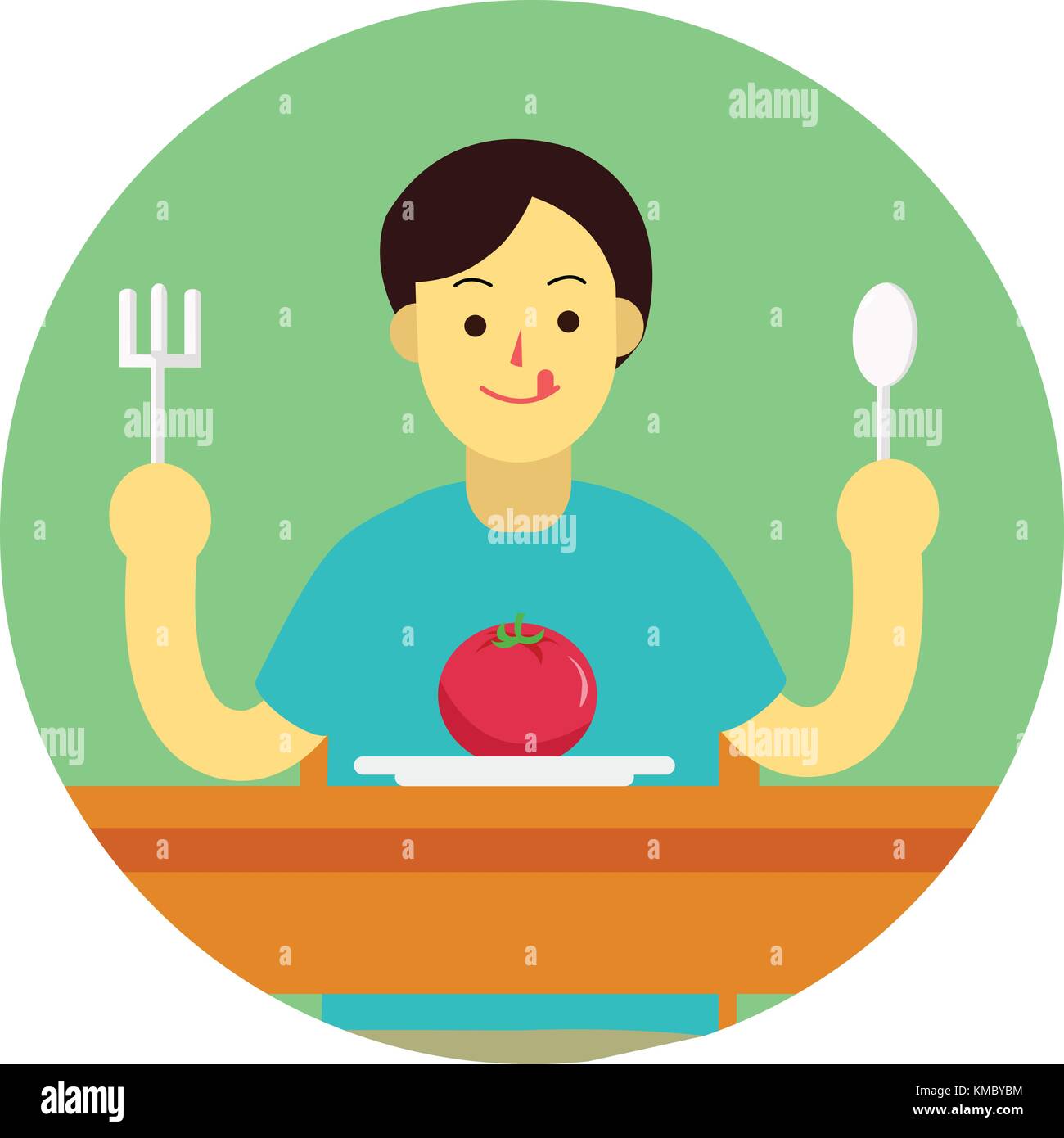 Jeune homme se préparent à manger des tomates avec cuillère et fourchette sur table.télévision design cartoon en cercle vert vector illustration Illustration de Vecteur