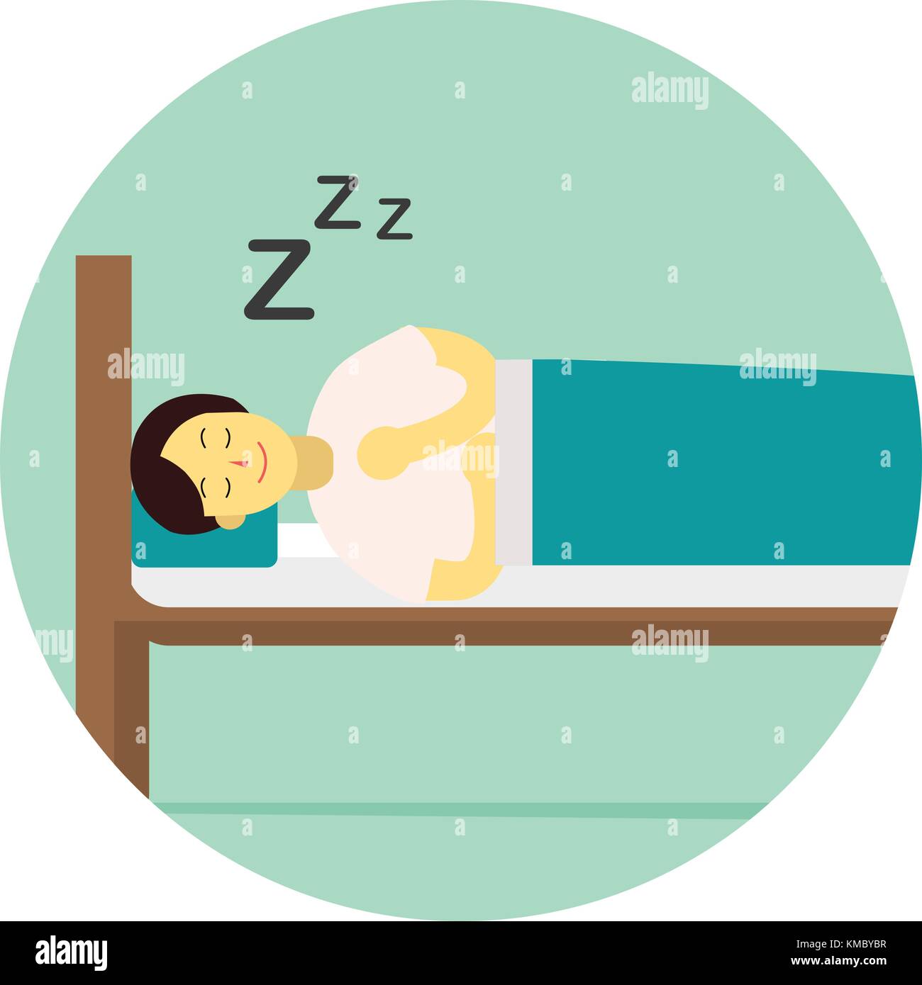 Télévision Jeune homme porter costume nuit dormir avec oreiller et une couverture couverture sur lit de bois.Sleep vector illustration avec snooze cercle signe. Illustration de Vecteur