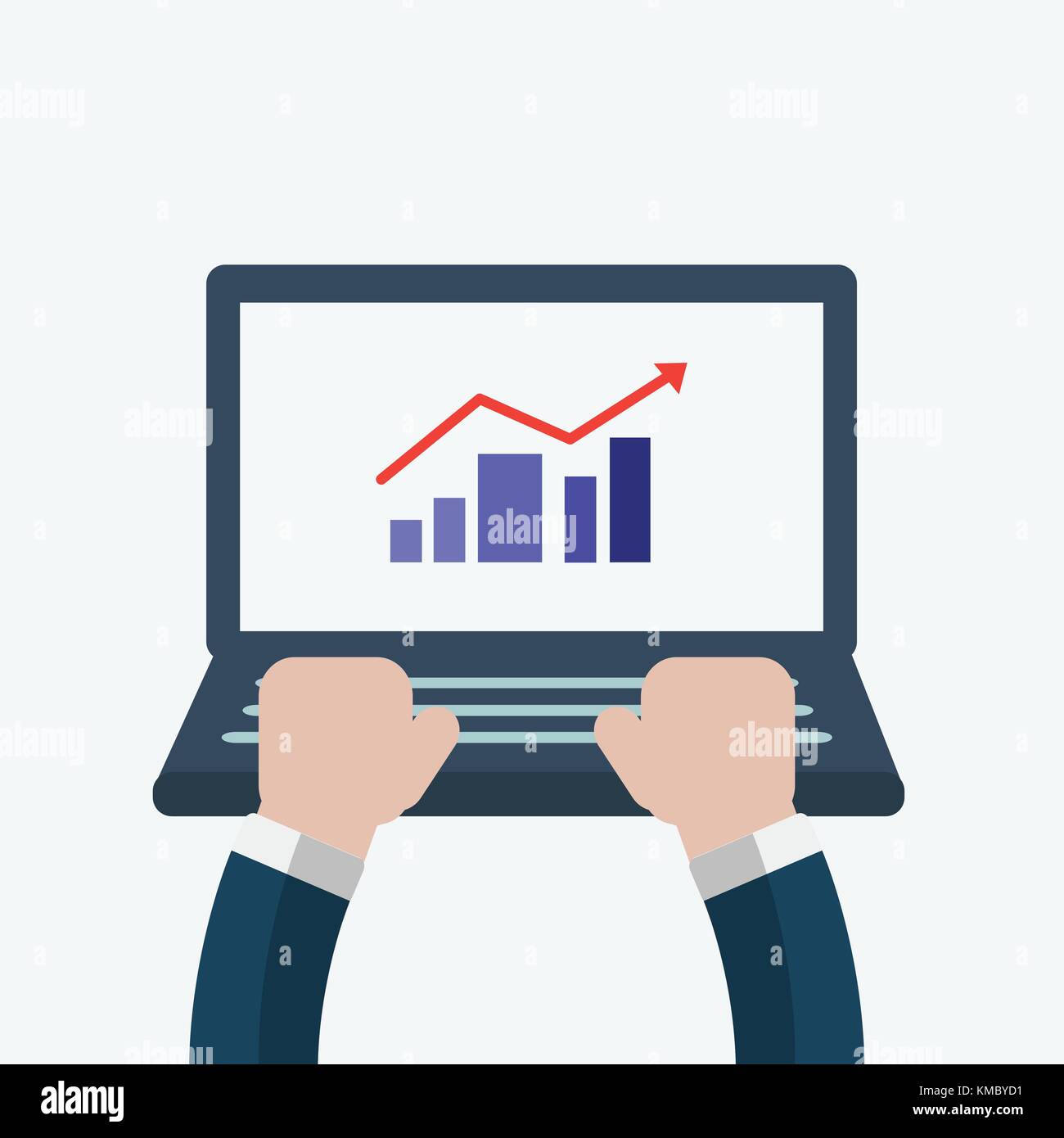 Businessman mains utiliser un ordinateur portable avec la flèche vers le haut sur le graphique, design plat vector illustration Illustration de Vecteur