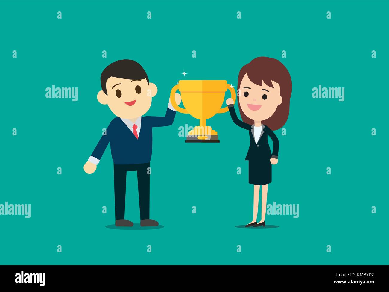 Businessman with gold trophy cup show business et récompenser le travail d'équipe. concept design plat vector illustration. Illustration de Vecteur