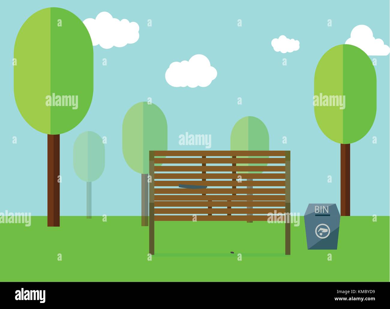 Et du parc public en bois et sièges côté bac bleu avec des nuages et du ciel,vector illustration Illustration de Vecteur