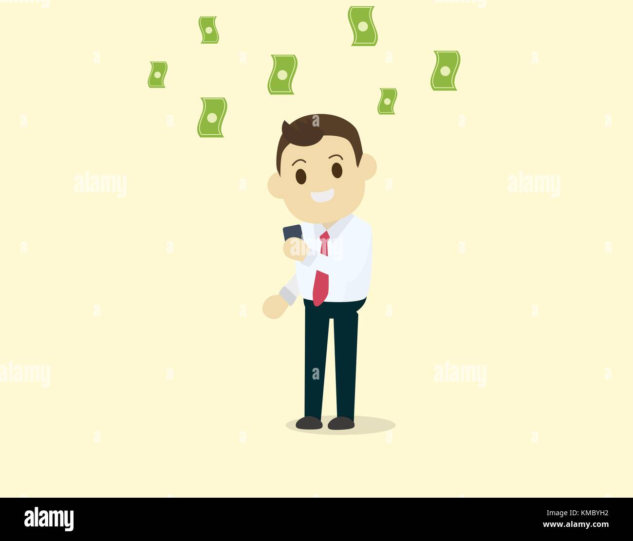Businessman utiliser smart phone obtenir de prestations de revenu et de faire beaucoup d'argent. vector illustration Illustration de Vecteur