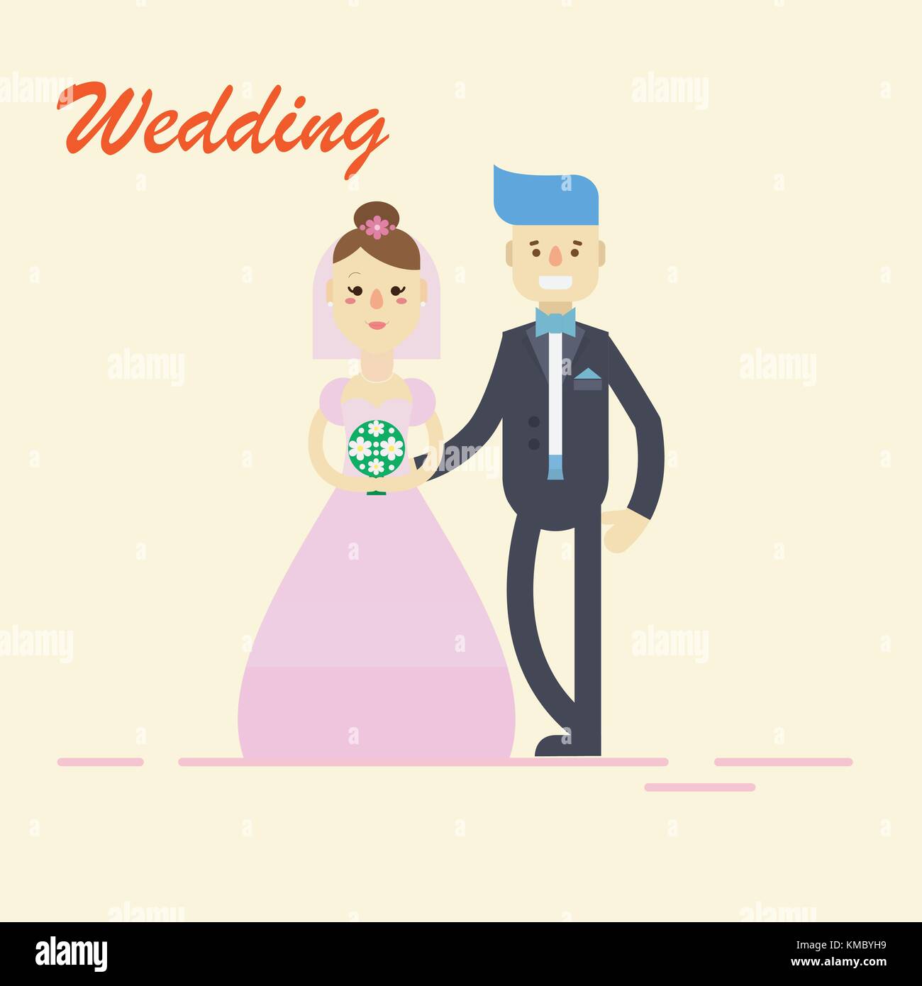L'époux et épouse ,couple holding hands lors de la cérémonie du mariage. vector illustration d'invitation de mariage dans modèle plat caractères. Illustration de Vecteur