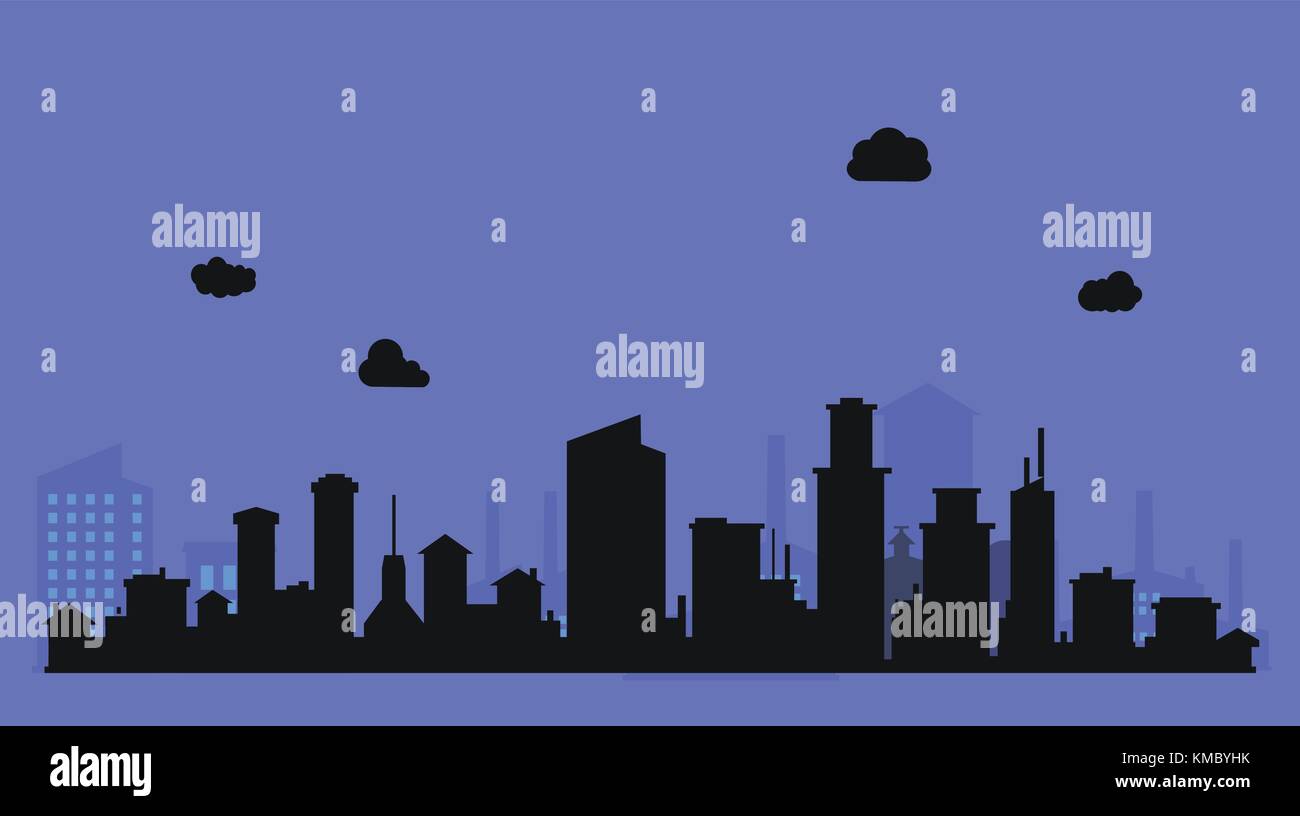 Niveau silhouette ville avec nuages et fond violet Illustration de Vecteur