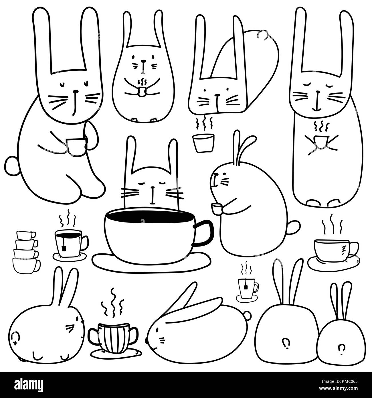 Cute bunny personnages dessinés à la main, avec du café. doodle art. Illustration de Vecteur