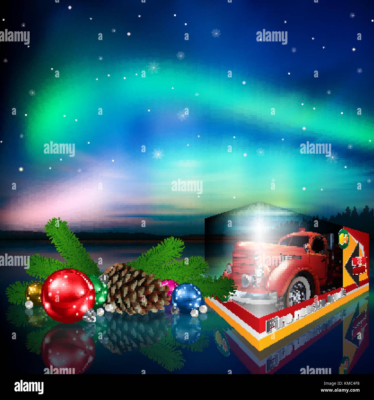 Accueil célébration avec fire truck toy décorations de Noël et aurora borealis Illustration de Vecteur