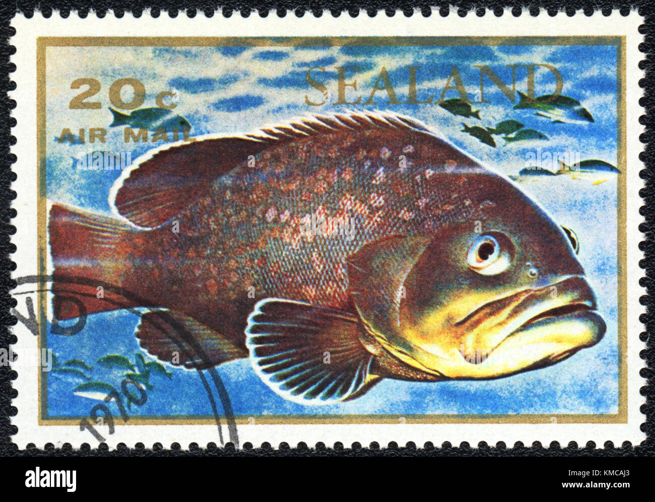 Un timbre imprimé en Principauté de Sealand montre un gros poisson , série , vers 1970 Banque D'Images