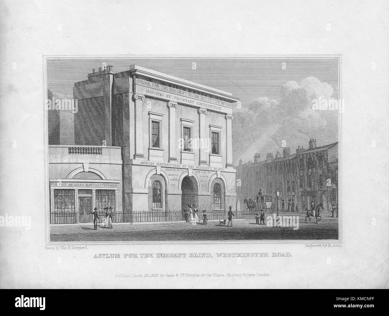 L'asile pour les indigents aveugle, Westminster Road, gravure 'Metropolitan améliorations, ou de Londres au xixe siècle' London, England, UK 1828 Banque D'Images