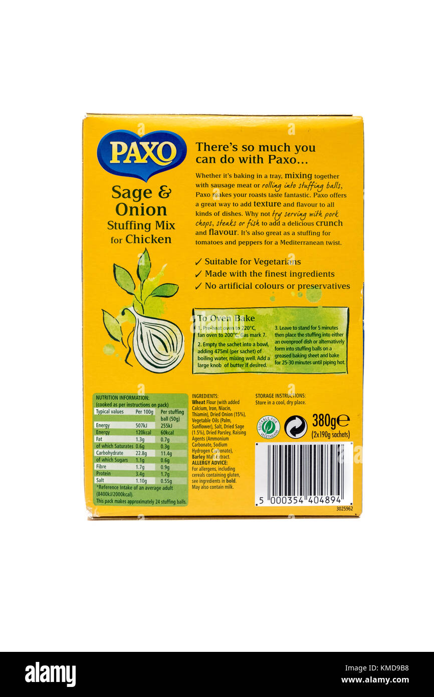 L'arrière d'une boîte de farce Paxo marque montrant les ingrédients, les informations nutritionnelles et code-barres. Banque D'Images