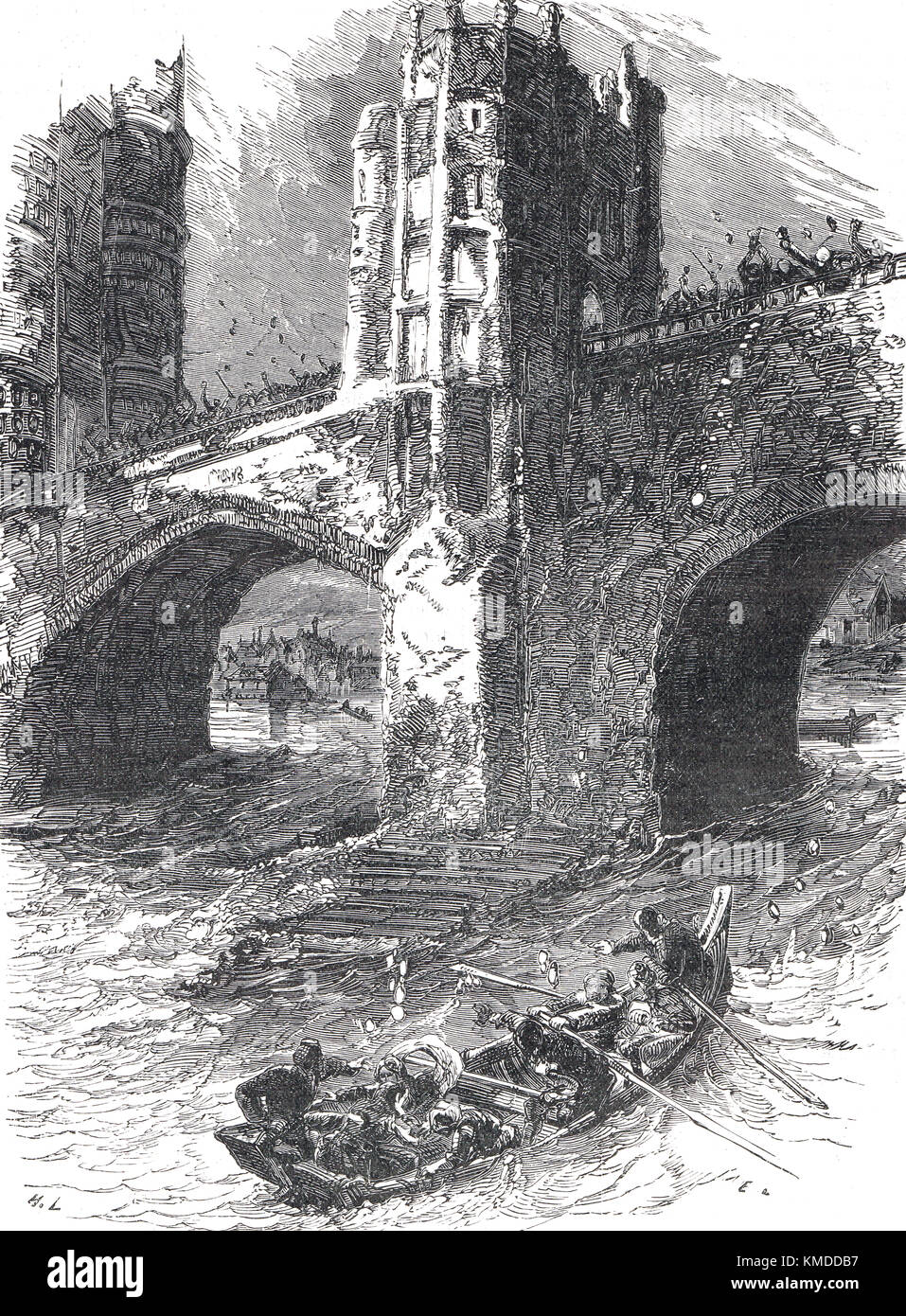 Le vol de la reine Eleanor de Londres, 1263, scène au pont de Londres, sur la Tamise pendant la révolte de 1263 Banque D'Images