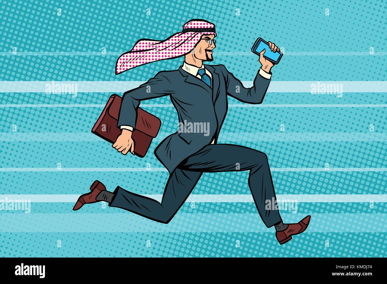 Homme d'affaires arabe court en avant, porte-documents et de téléphone dans la main Illustration de Vecteur