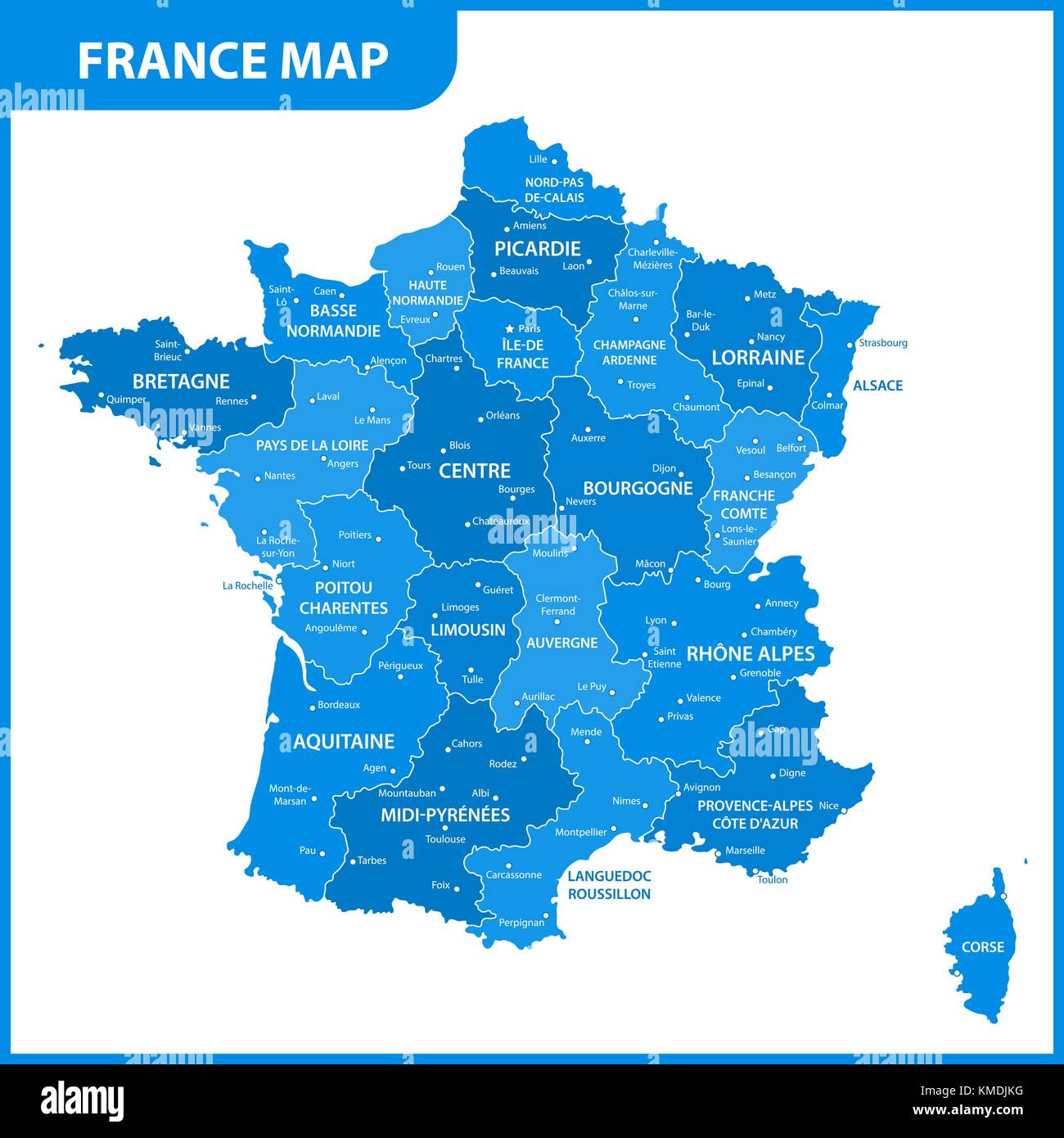La Carte Detaillee De La France Avec Les Regions Ou Etats Et Villes Capitale Image Vectorielle Stock Alamy