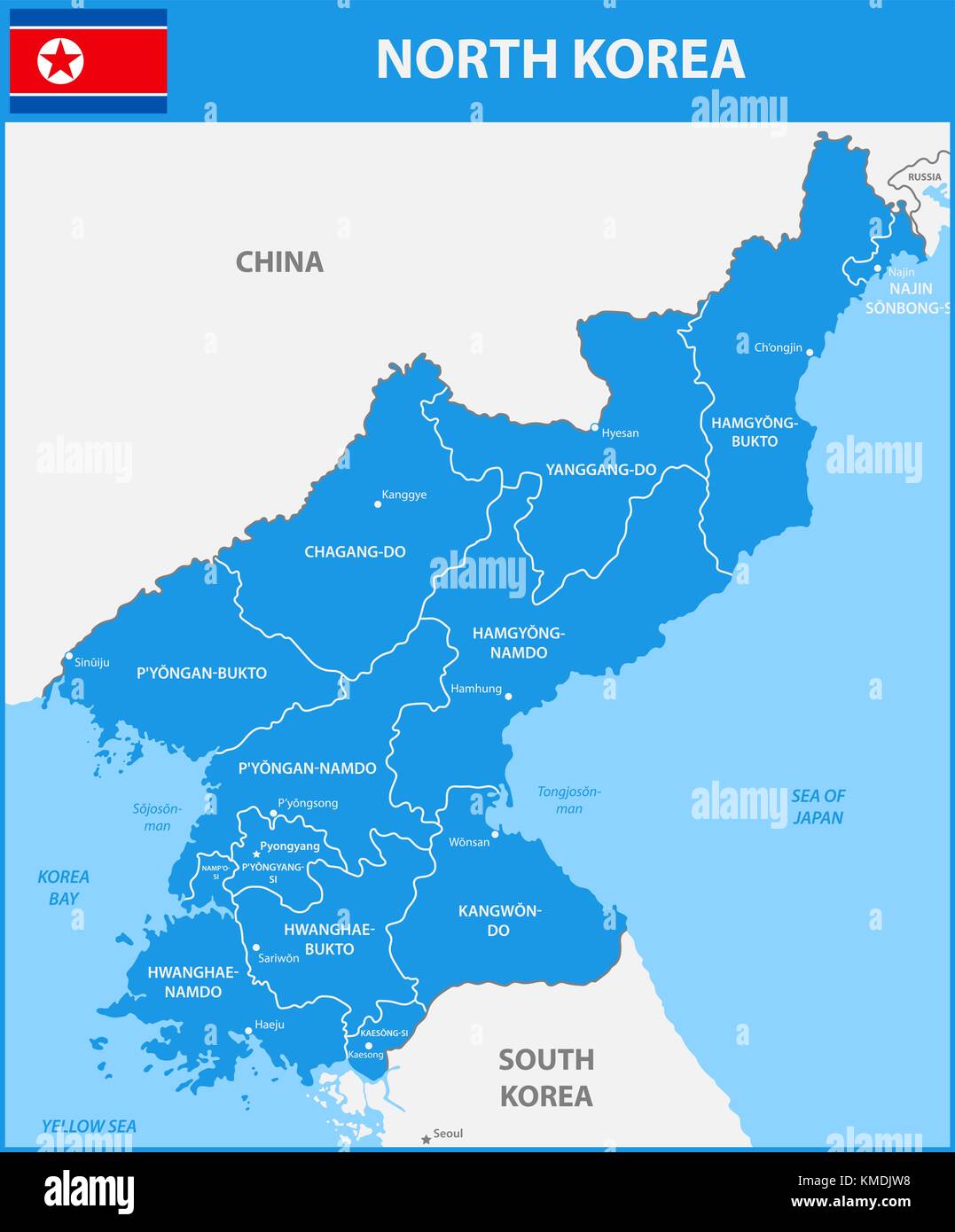 La carte détaillée de la Corée du Nord avec les régions ou États et villes, capitale. comprenait une partie de la Chine, Russie, Corée du Sud Illustration de Vecteur