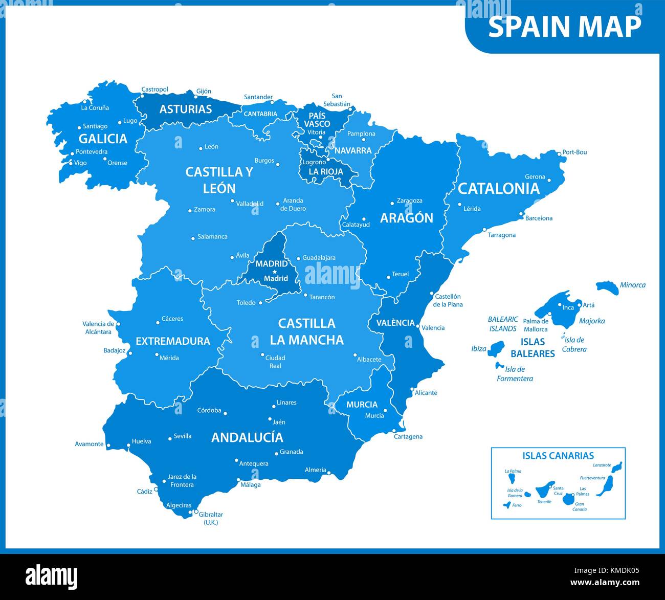 La Carte Detaillee De L Espagne Avec Les Regions Ou Etats Et Villes Capitales Image Vectorielle Stock Alamy