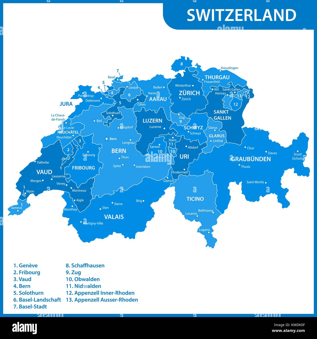La carte détaillée de la suisse avec les régions ou États et villes
