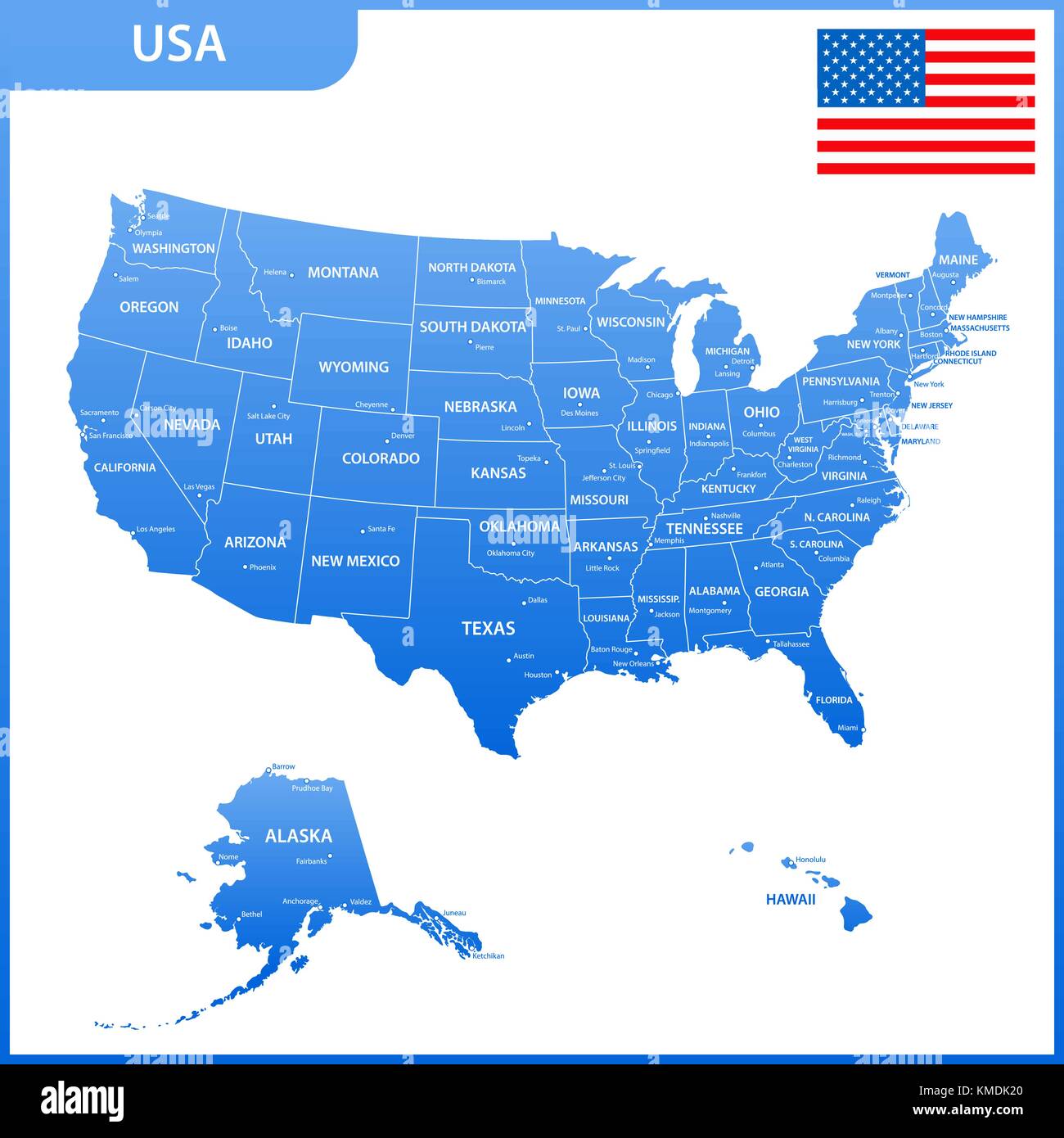 La carte détaillée des USA avec les régions ou États et villes, capitale. United States of America avec drapeau national Illustration de Vecteur