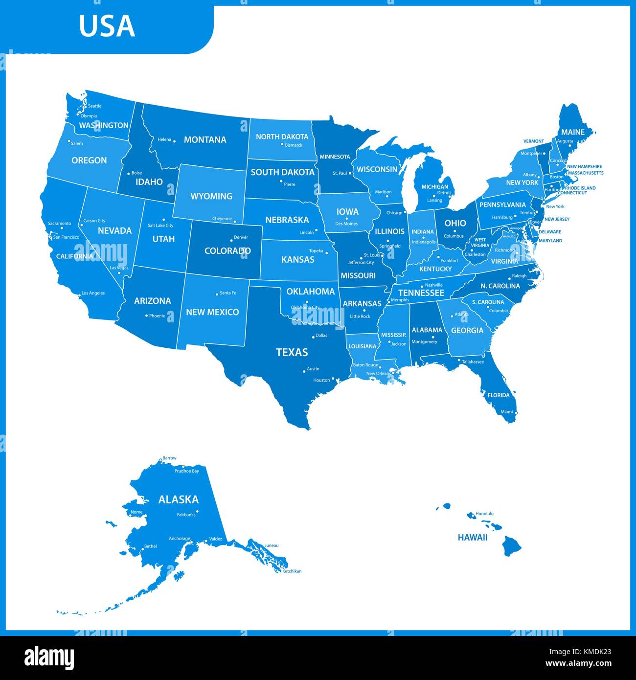 La carte détaillée des USA avec les régions ou l'état et de la ville, capitale des États-Unis d'Amérique. Illustration de Vecteur